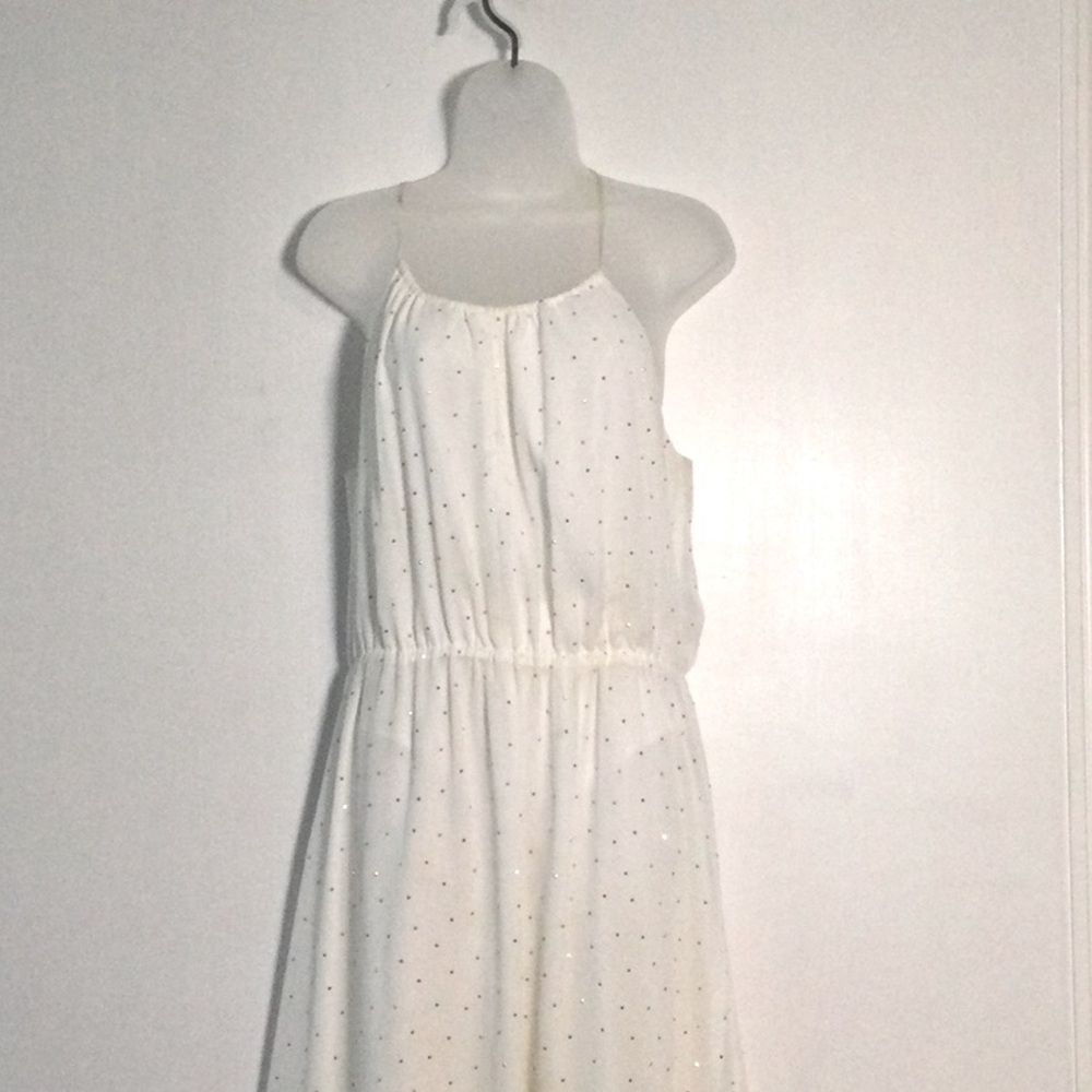 TAHARI White Spaghetti Strap Dress with Subtle Gold Dot Print